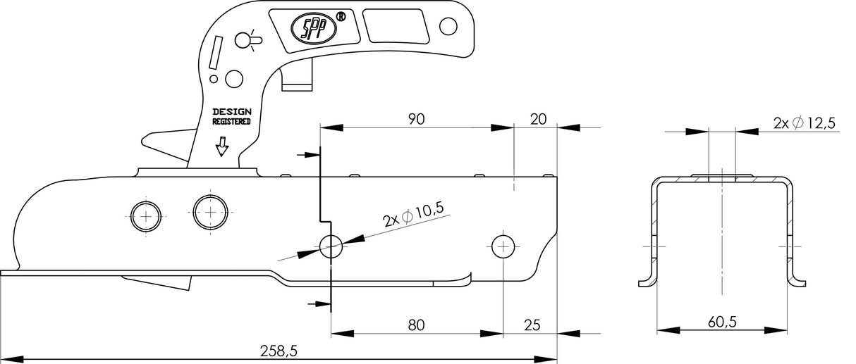 Unbraked Pressed Steel Coupling Head / Hitch - 60mm