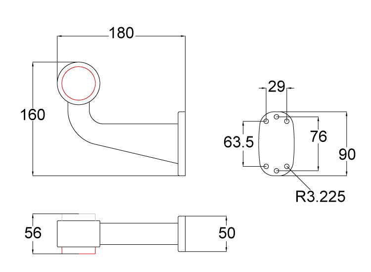 WAS 10-30V LED Red/White 90° Outline Marker Lamp - RH