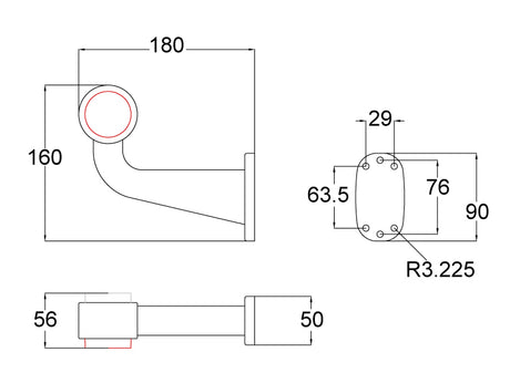 WAS 10-30V LED Red/White 90° Outline Marker Lamp - RH